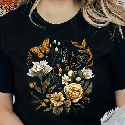 Floral & Butterfly Print Summer T-shirt, Casual Short Sleeve Crew Neck Top Women's Clothing