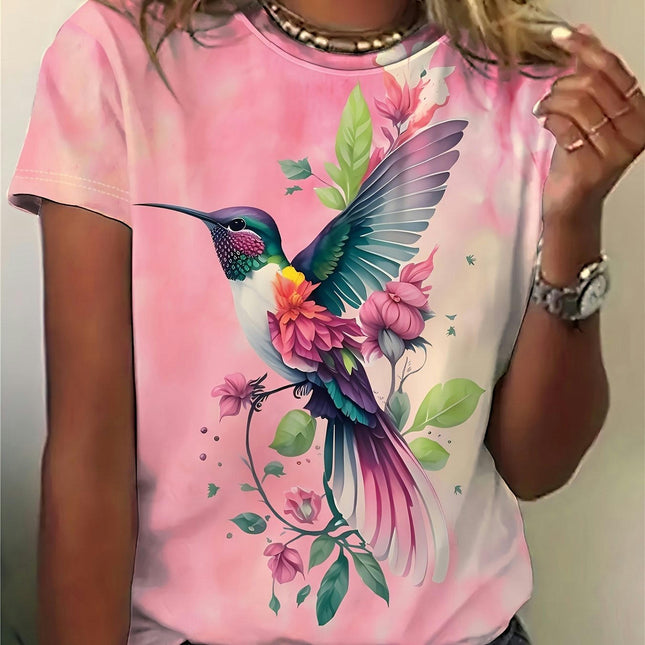 Vibrant Bird Print Crew Neck  Relaxed Fit T-Shirt - Soft, Breathable, Short Sleeve Top for Summer