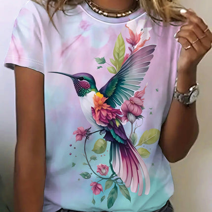 Bird Print Crew Neck T-shirt,Women's Clothing Casual Short Sleeve Top For Spring & Summer