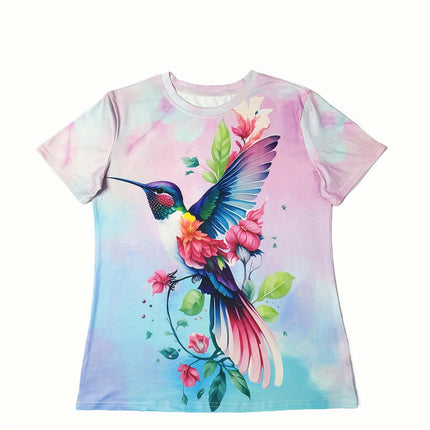 Bird Print Crew Neck T-shirt,Women's Clothing Casual Short Sleeve Top For Spring & Summer