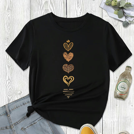 Vibrant Heart Print Crew Neck T-Shirt - Soft, Breathable, Short Sleeve, Casual, Comfortable Summer