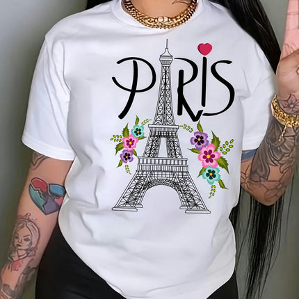 Paris Eiffel Tower Print T-shirt, Short Sleeve Crew Neck Casual Top Women's Summer Clothing