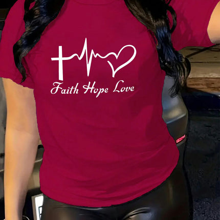 Cross & Heartbeat & Letter Print Comfy T-Shirt, Round Neck Short Sleeve Women's Sports Tee