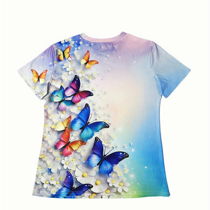 Casual Short Sleeve T-Shirt For Summer Butterfly Print Crew Neck T-Shirt Women's Clothing