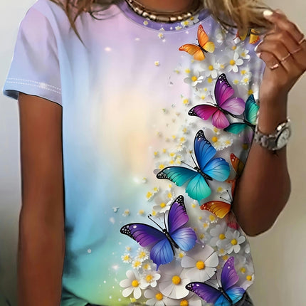 Casual Short Sleeve T-Shirt For Summer Butterfly Print Crew Neck T-Shirt Women's Clothing