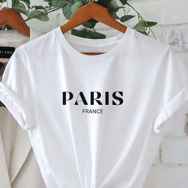 Spring Summer Women's Clothing Paris Print Crew Neck T-shirt, Short Sleeve Casual Top For Women's