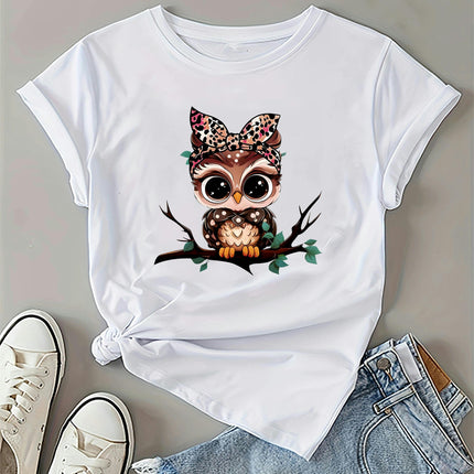 Cartoon Owl Print Crew Neck T-shirt, Short Sleeve Casual Top For Summer Women's Clothing