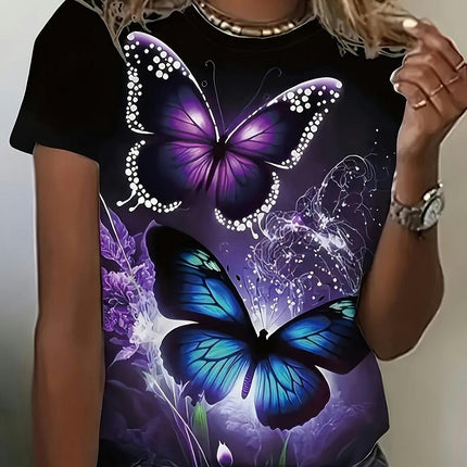 Butterfly Print Crew Neck T-Shirt, Casual Short Sleeve Top For Spring & Summer, Women's Clothing