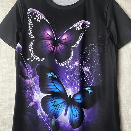 Butterfly Print Crew Neck T-Shirt, Casual Short Sleeve Top For Spring & Summer, Women's Clothing