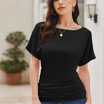 Casual Solid Short Sleeve Boat Neck T-Shirt With Side Shirring Loose Fit For Woman