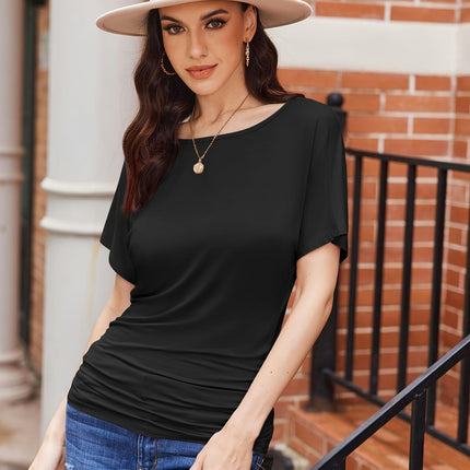 Casual Solid Short Sleeve Boat Neck T-Shirt With Side Shirring Loose Fit For Woman