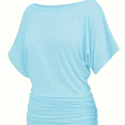 Casual Solid Short Sleeve Boat Neck T-Shirt With Side Shirring Loose Fit For Woman