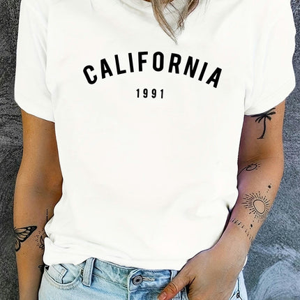 Retro Letter Print T-Shirt-Short Sleeve Crew Neck Top for Women-Casual Wear for Summer & Spring