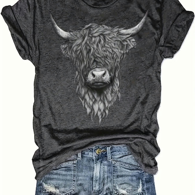 Women's Cow Head Print T-shirt, Short Sleeve Crew Neck Leisure T-shirt For Spring & Summer