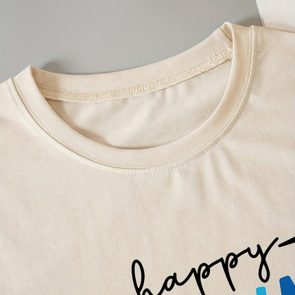 Happy Print Crew Neck T-Shirt, Casual Short Sleeve Top For Spring & Summer, Women's Clothing