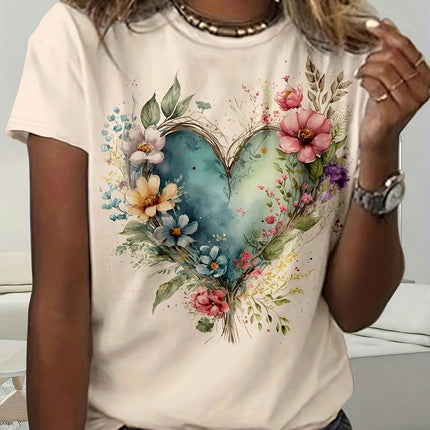 Floral & Heart Print Crew Neck T-Shirt, Casual Short Sleeve T-Shirt For Spring & Summer