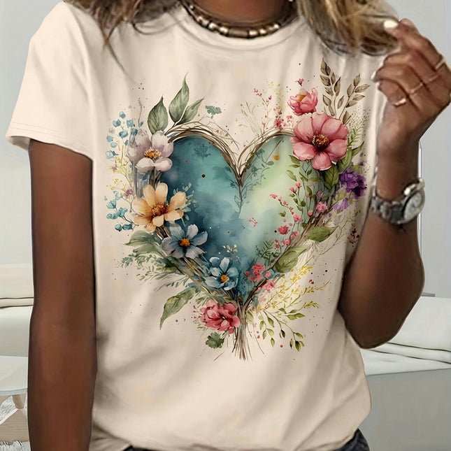 Floral & Heart Print Crew Neck T-Shirt, Casual Short Sleeve T-Shirt For Spring & Summer