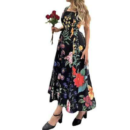 Women's Summer Boho Dresses Square Neck Sleeveless Floral Flowy Maxi Dress