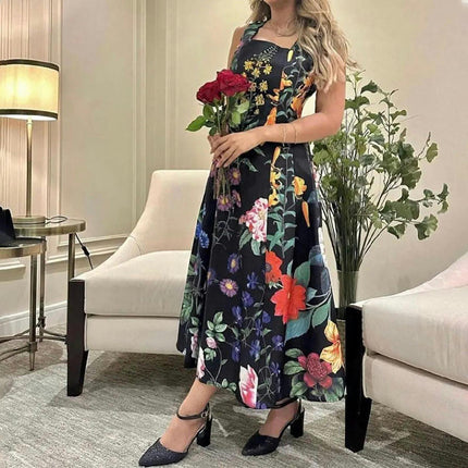 Women's Summer Boho Dresses Square Neck Sleeveless Floral Flowy Maxi Dress