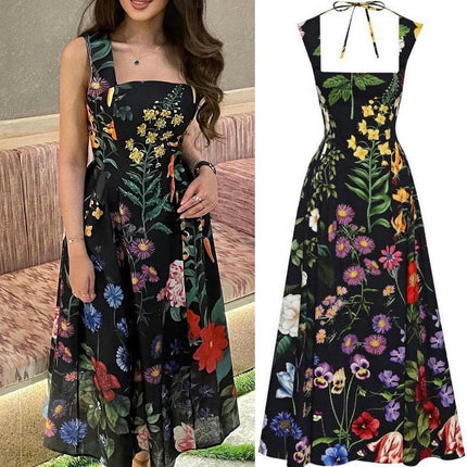 Women's Summer Boho Dresses Square Neck Sleeveless Floral Flowy Maxi Dress