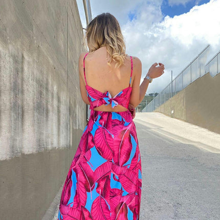 Women's Summer Maxi Dresses Spaghetti Strap V Neck Tie Backless Flowy Dress