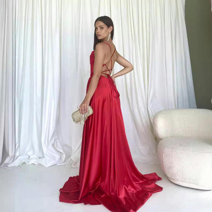 Women's V-Neck Prom Dresses Long Backless Side Split Spaghetti Evening Gown