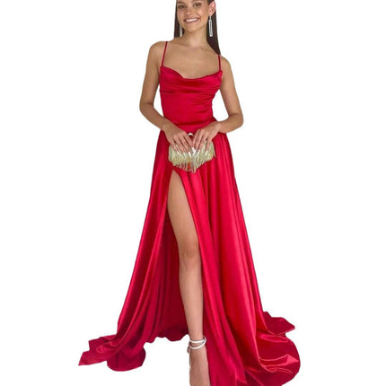 Women's V-Neck Prom Dresses Long Backless Side Split Spaghetti Evening Gown