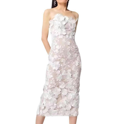 Women's Strapless Tube Top Long Sleeveless Floral Bodycon Midi Dresses