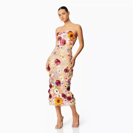 Women's Strapless Tube Top Long Sleeveless Floral Bodycon Midi Dresses