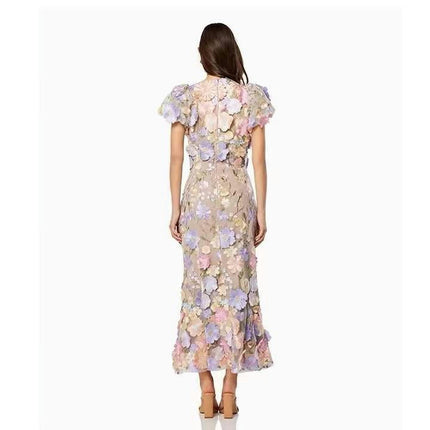 Women Floral Embroidery Dress Crew Neck Puff Short Sleeve Bodycon Midi Dress