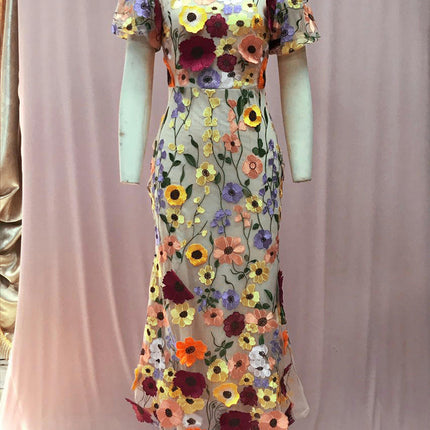 Women Floral Embroidery Dress Crew Neck Puff Short Sleeve Bodycon Midi Dress