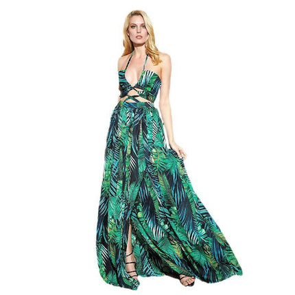 Women's Summer Maxi Dress Sleeveless Halter Neck Tie Backless Floral Dresses