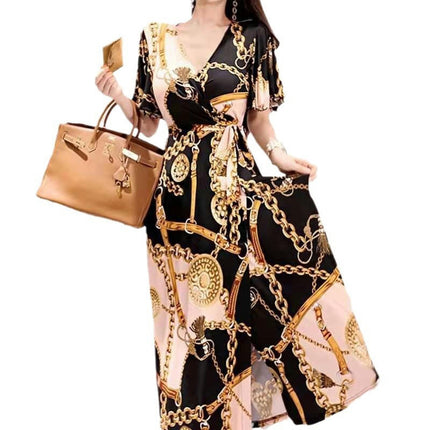 Women's Summer Casual V Neck Short Sleeve Tie Waist Print Midi Dress