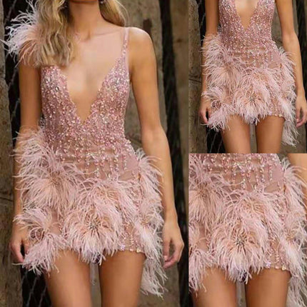 Women Sequin Feather V Neck Prom Dresses Spaghetti Straps Bodycon Mini Dress