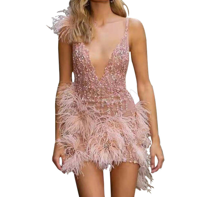 Women Sequin Feather V Neck Prom Dresses Spaghetti Straps Bodycon Mini Dress