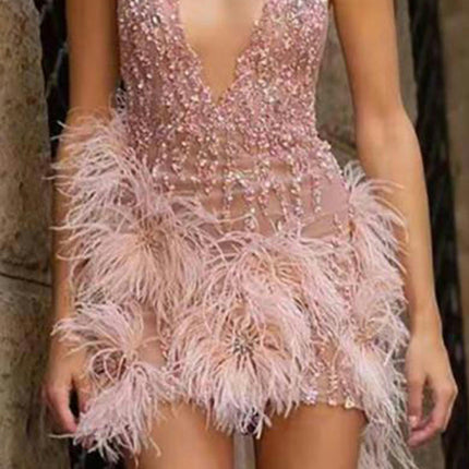 Women Sequin Feather V Neck Prom Dresses Spaghetti Straps Bodycon Mini Dress