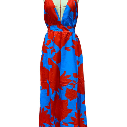 Women's Deep V Neck Halter Sleeveless Maxi Dress Backless Boho Print Flowy Flare Dresses