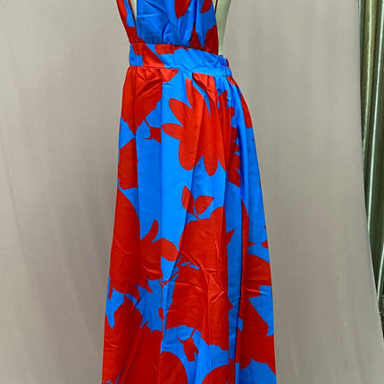 Women's Deep V Neck Halter Sleeveless Maxi Dress Backless Boho Print Flowy Flare Dresses