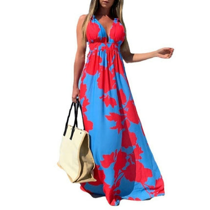 Women's Deep V Neck Halter Sleeveless Maxi Dress Backless Boho Print Flowy Flare Dresses