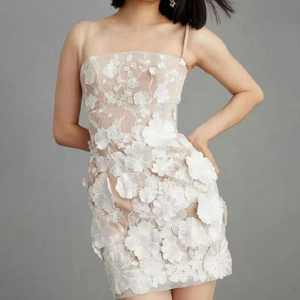 Women 3D Flower Embroidery Mini Dress Spaghetti Strap Sleeveless Summer Backless Party Club Dress