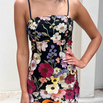 Women 3D Flower Embroidery Mini Dress Spaghetti Strap Sleeveless Summer Backless Party Club Dress