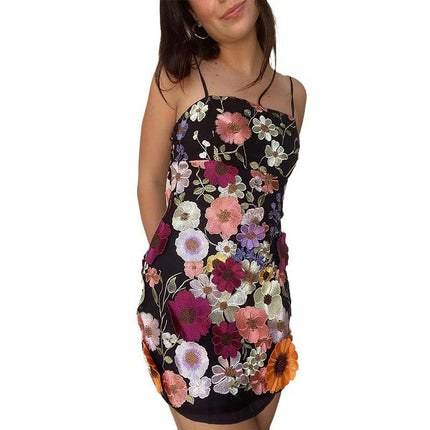 Women 3D Flower Embroidery Mini Dress Spaghetti Strap Sleeveless Summer Backless Party Club Dress