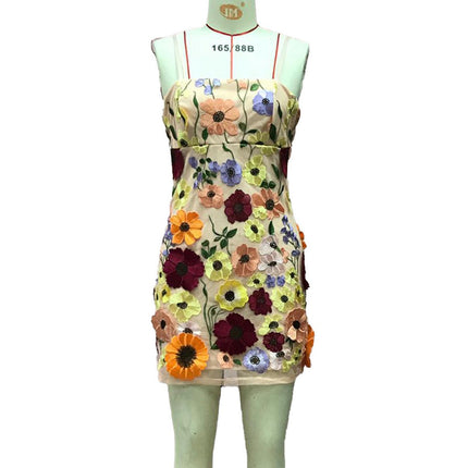 Women 3D Flower Embroidery Mini Dress Spaghetti Strap Sleeveless Summer Backless Party Club Dress