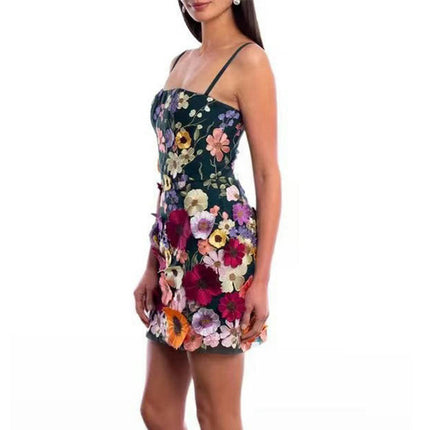 Women 3D Flower Embroidery Mini Dress Spaghetti Strap Sleeveless Summer Backless Party Club Dress