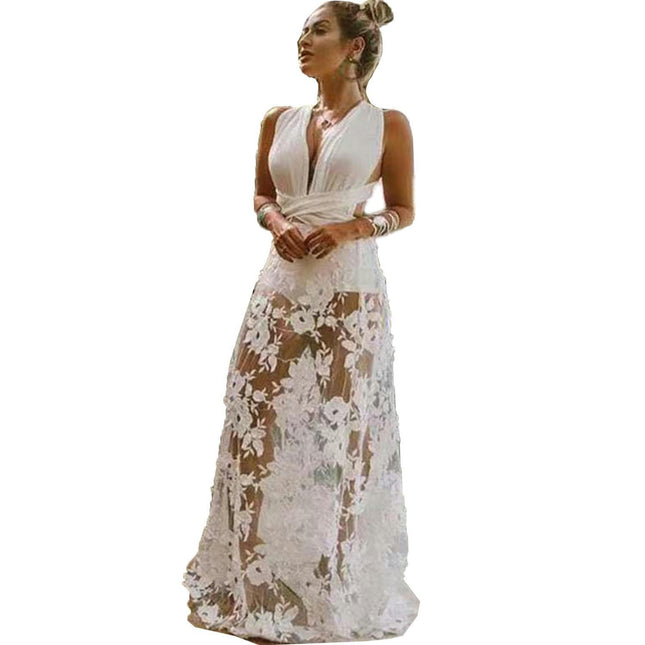 Womens Summer Deep V Neck Sexy Dress Backless Floral Lace Sleeveless Maxi Dresses