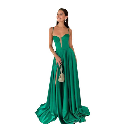 Women's Prom Dresses Gown Spaghetti Straps V Neck Split A Line Formal Evening Dress