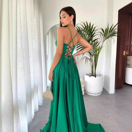 Women's Prom Dresses Gown Spaghetti Straps V Neck Split A Line Formal Evening Dress