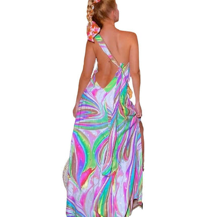 Women's Summer One Shoulder Tie Long Dresses Backless Sleeveless Split Print Maxi Dress