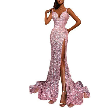 Women's Sparkly Sequin Prom Dresses Long Off Spaghetti Strap Slit Dress Evening Formal Gowns