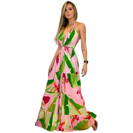 Womens Summer Print Sleeveless Halter V Neck Backless Flowy Maxi Dress